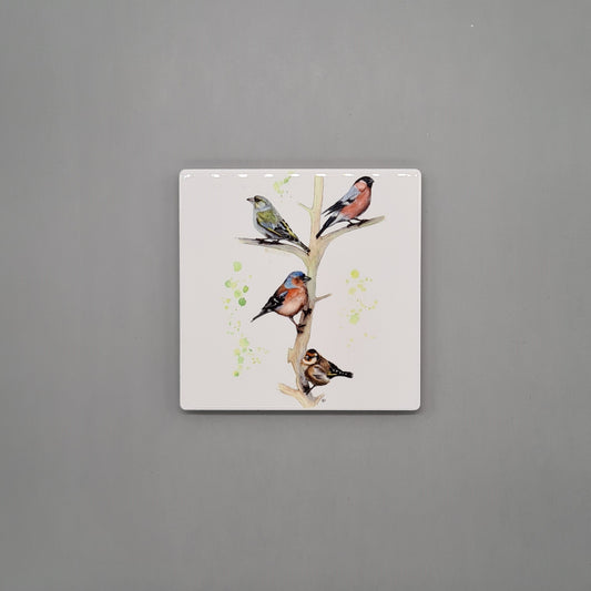 Beautiful British Birds Art Ceramic Coaster featuring 'Fours a Charm' Print.