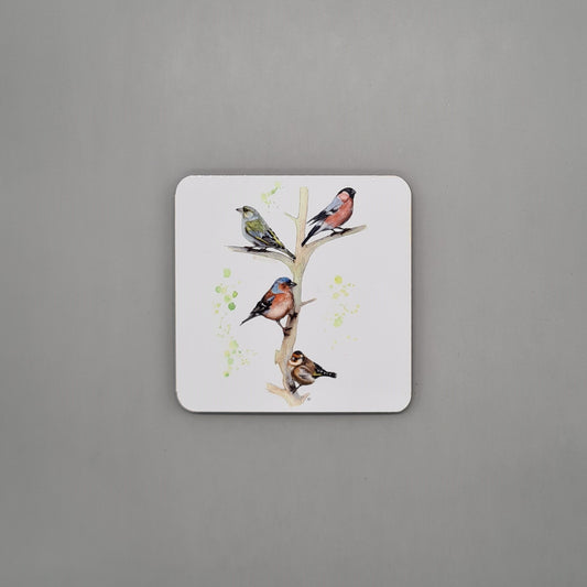 Beautiful British Birds Art Hardwood Coaster featuring 'Fours a Charm' Print.