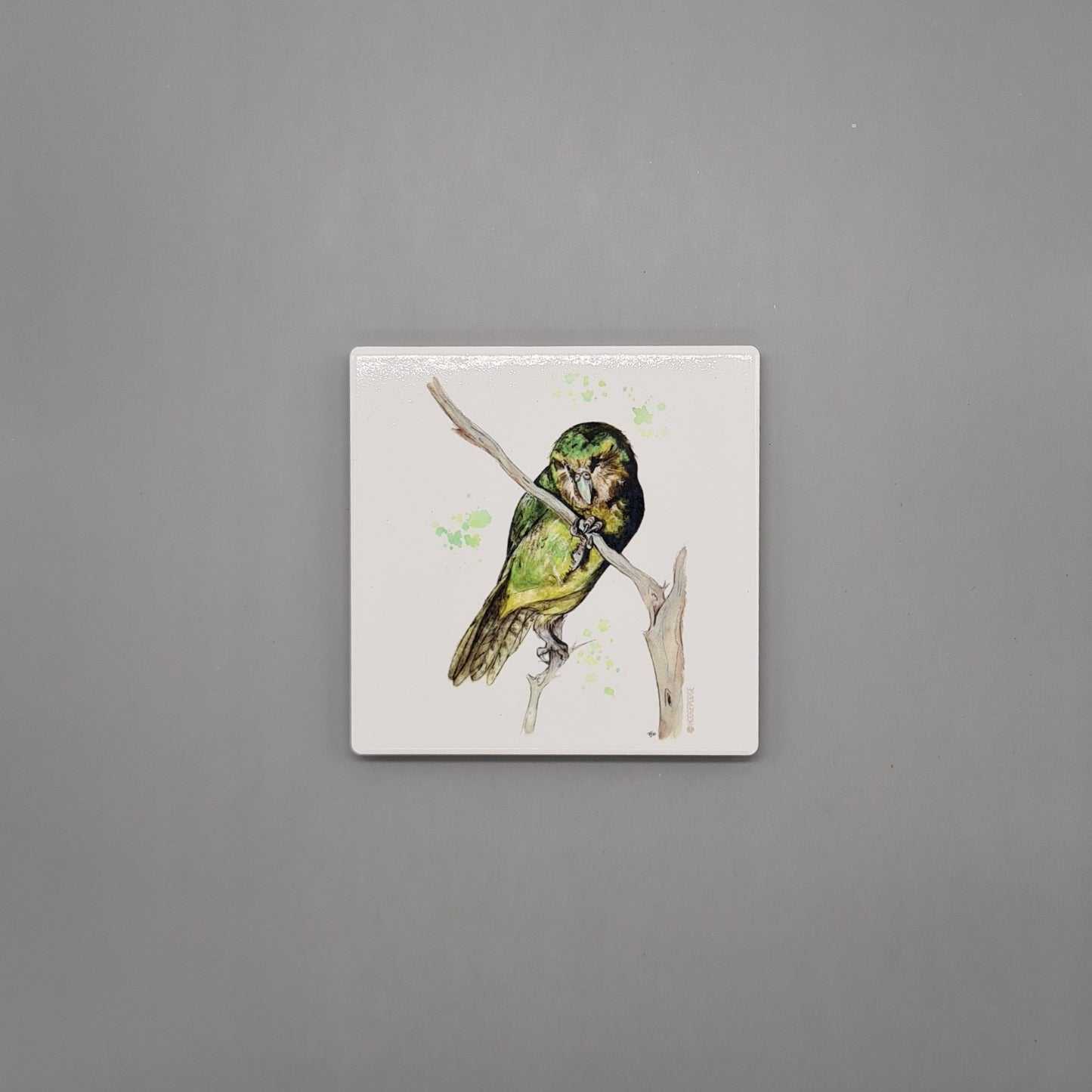 Beautiful Kakapo Parrot Art Ceramic Coaster featuring 'Whetu' Print