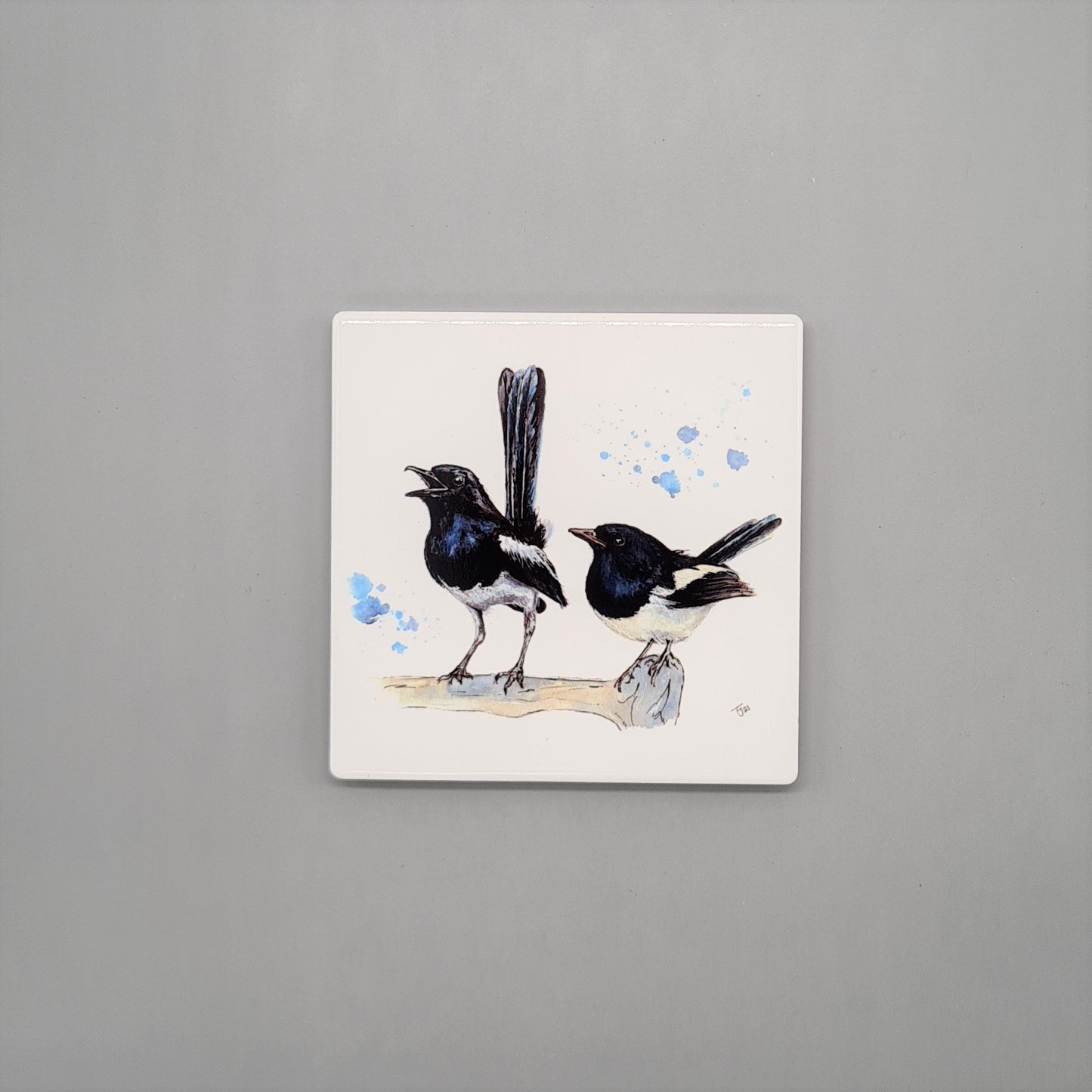 Beautiful British Magpie Art Ceramic Coaster featuring 'Two for Joy' Print