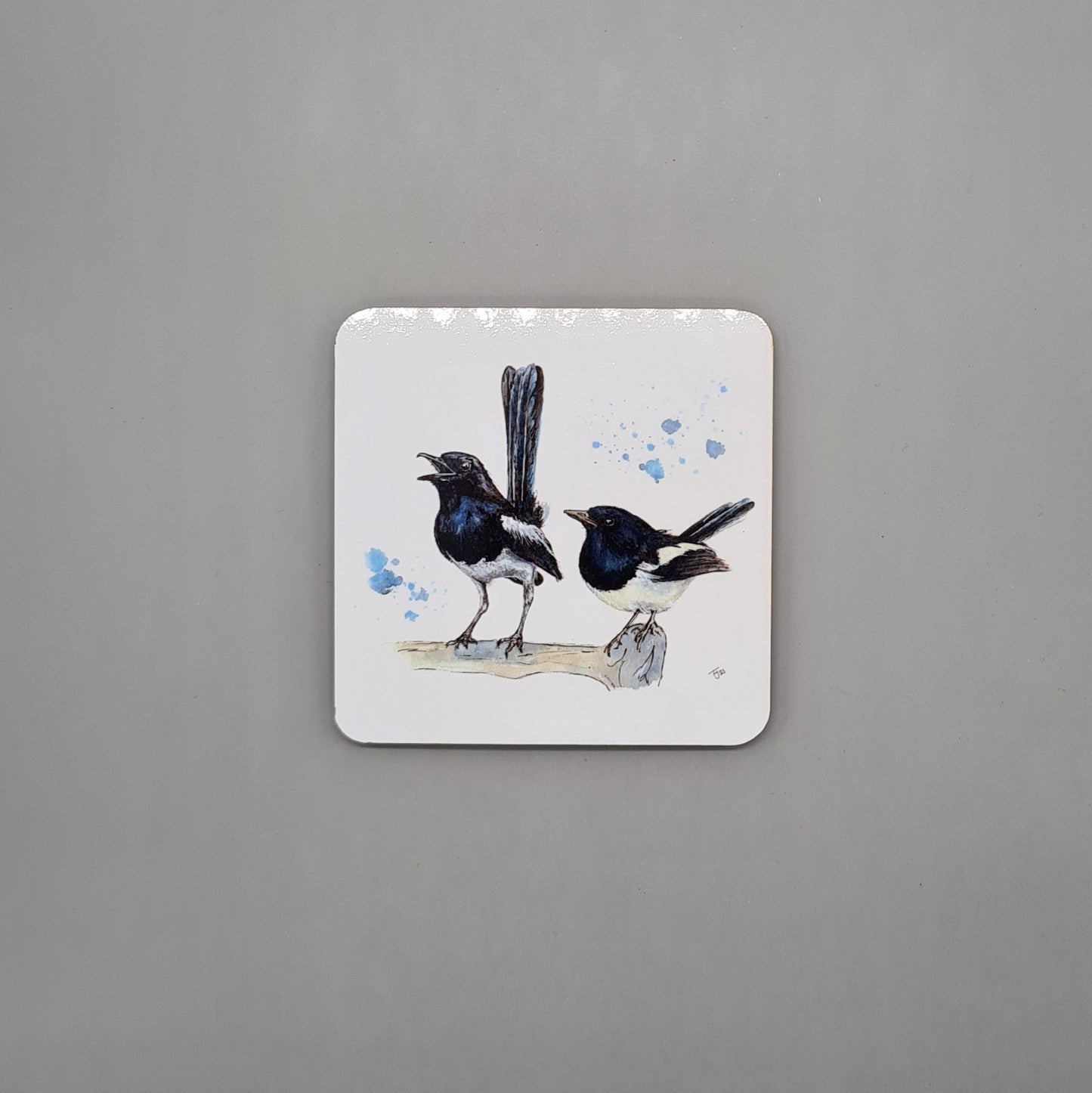 Beautiful British Magpie Art Hardwood Coaster featuring 'Two for Joy' Print