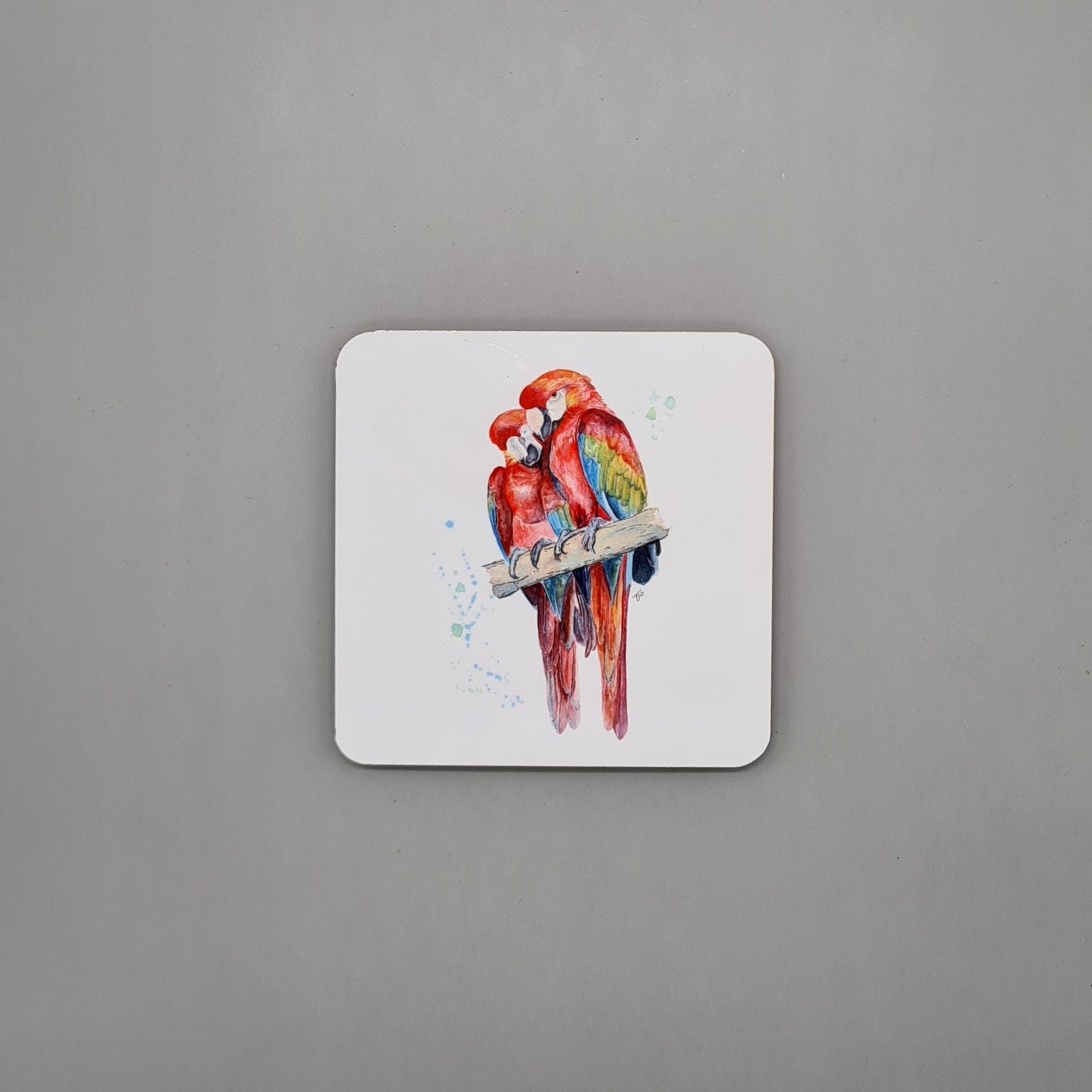 Beautiful Macaw Parrot Art Hardwood Coaster featuring 'Lovesick Parrots' Print