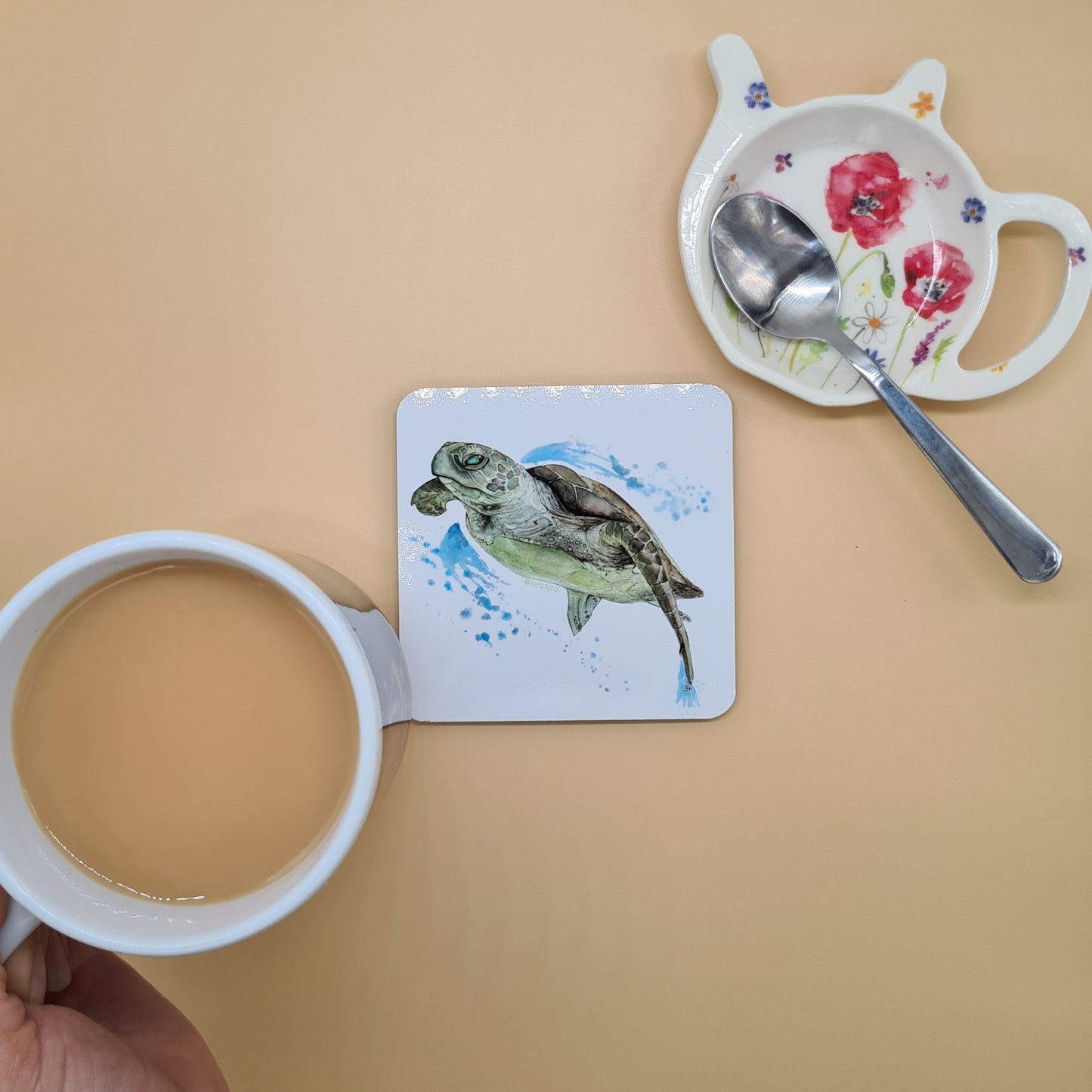 Beautiful Turtle Art Hardboard Coaster featuring 'Mabouche' Print