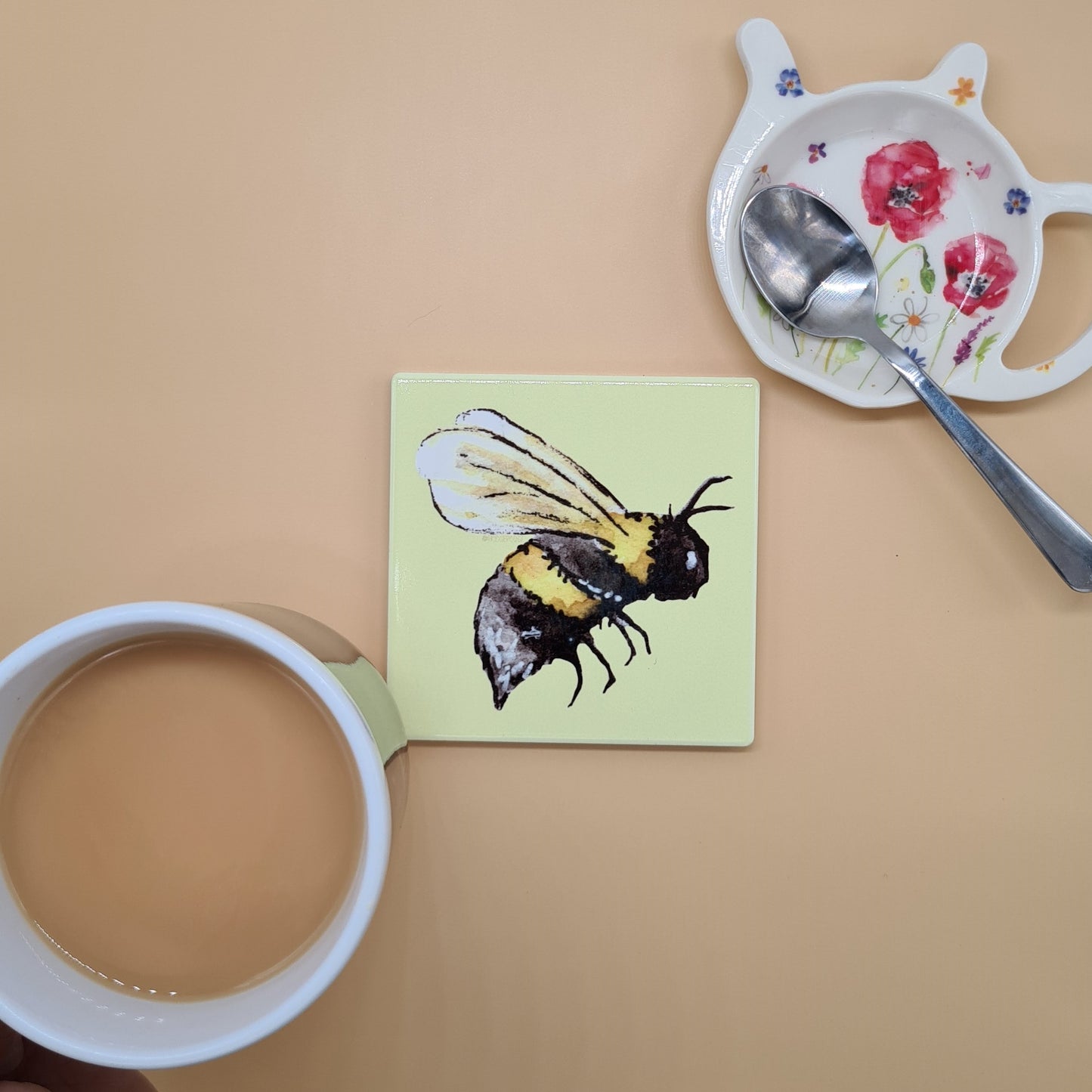 Beautiful Bee Art Ceramic Coaster featuring 'Honey' Print
