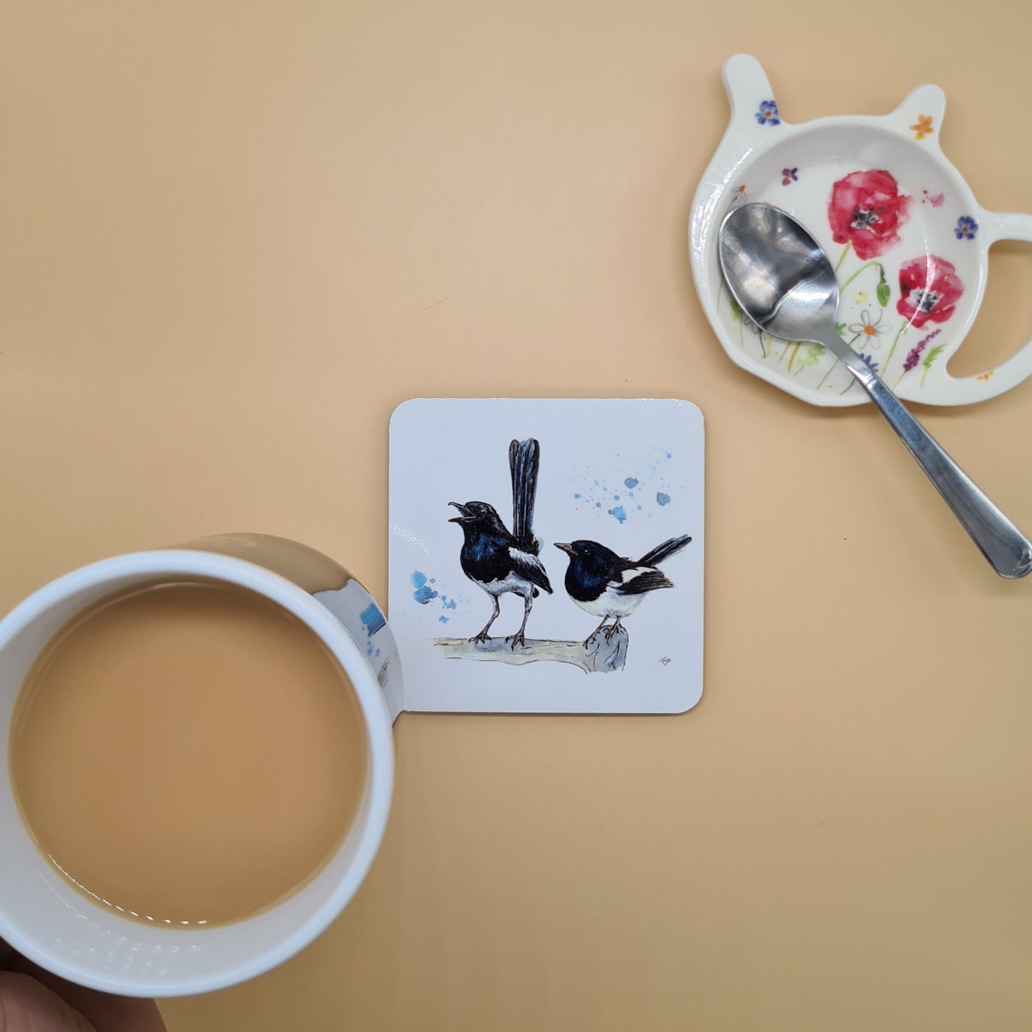 Beautiful British Magpie Art Hardwood Coaster featuring 'Two for Joy' Print