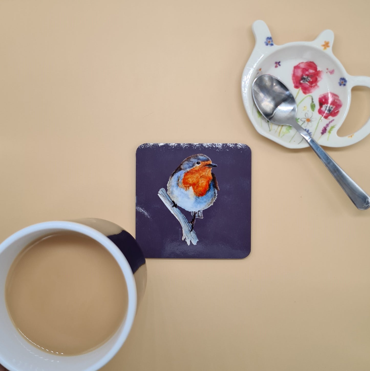 Beautiful British Robin Art Hardwood Coaster featuring 'Garden Party Robin' Print