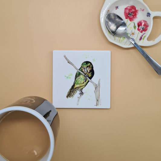 Beautiful Kakapo Parrot Art Ceramic Coaster featuring 'Whetu' Print