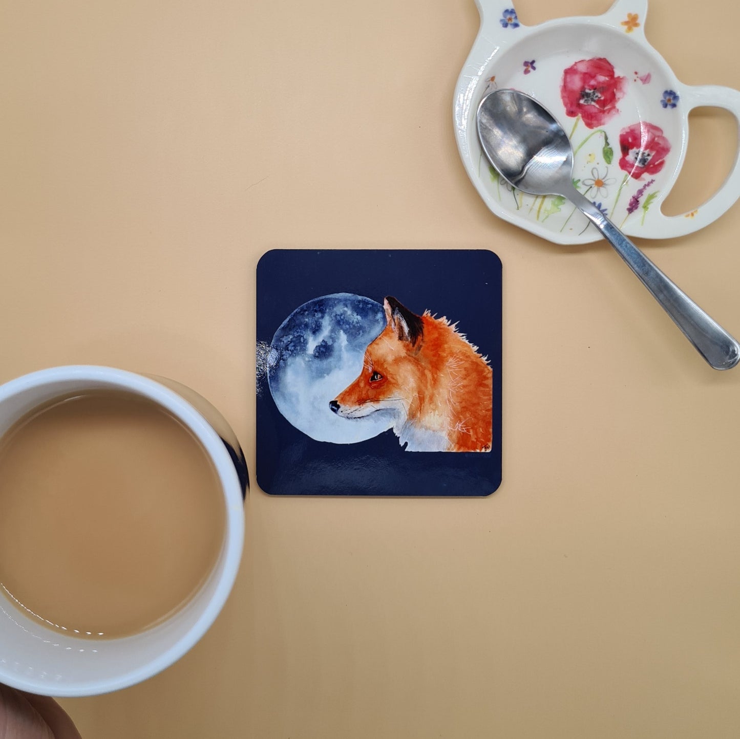 Beautiful Fox & Moon Art Hardwood Coaster featuring 'Luna' Print