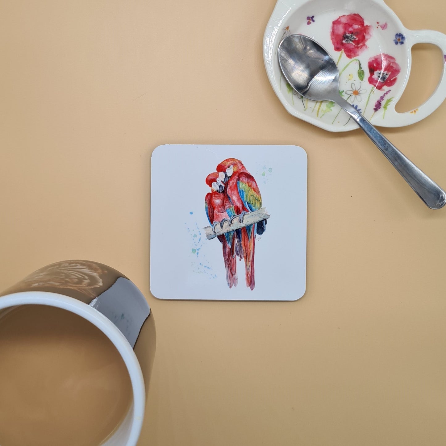 Beautiful Macaw Parrot Art Hardwood Coaster featuring 'Lovesick Parrots' Print