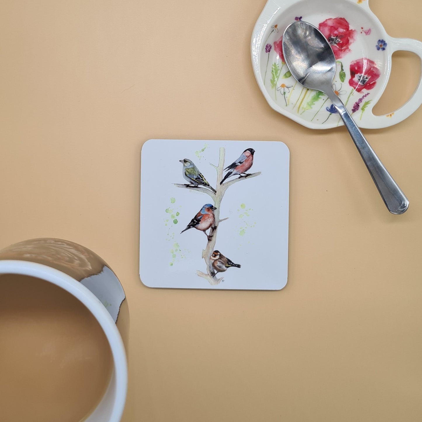 Beautiful British Birds Art Hardwood Coaster featuring 'Fours a Charm' Print.