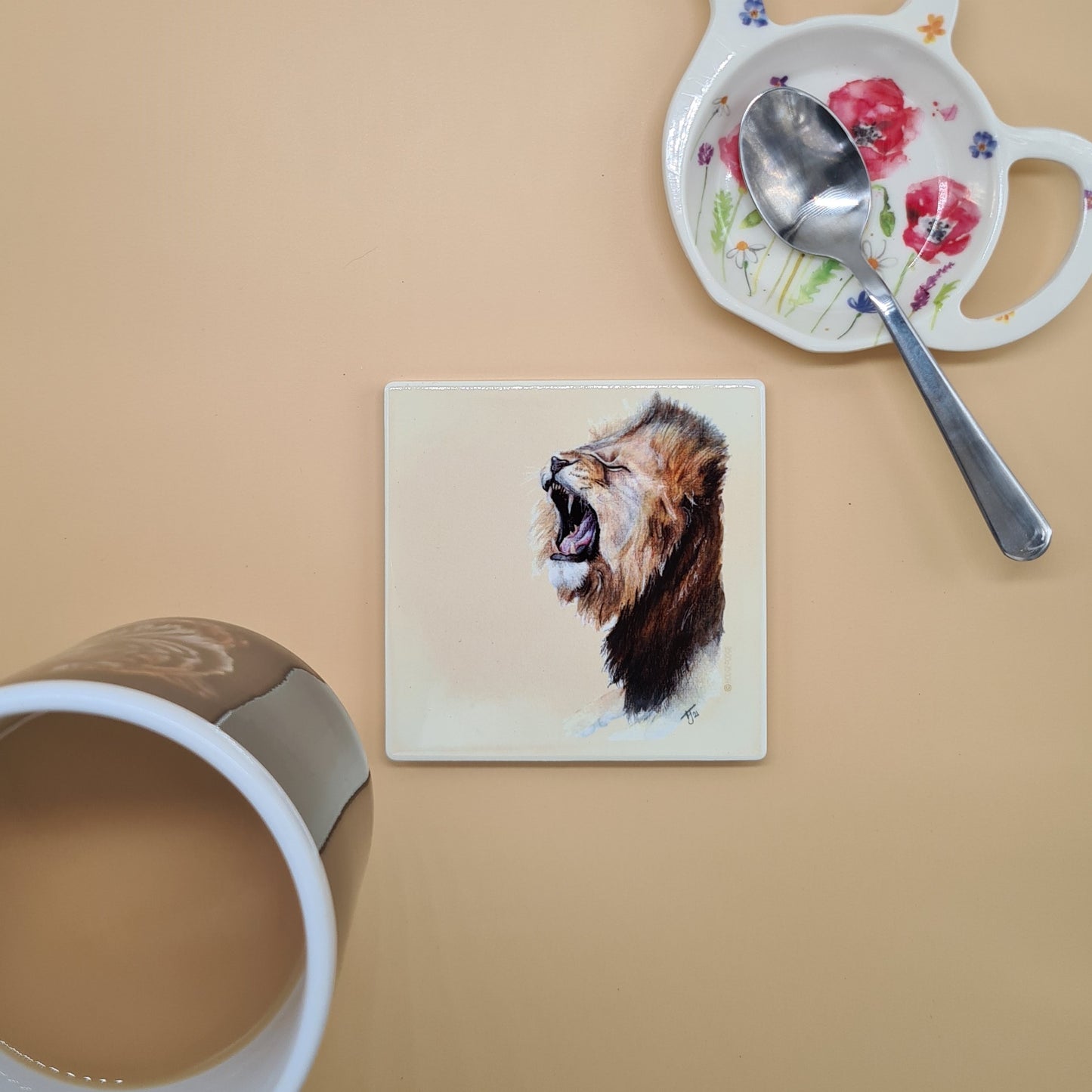Beautiful Lion Art Ceramic Coaster featuring 'Roarsome' Print
