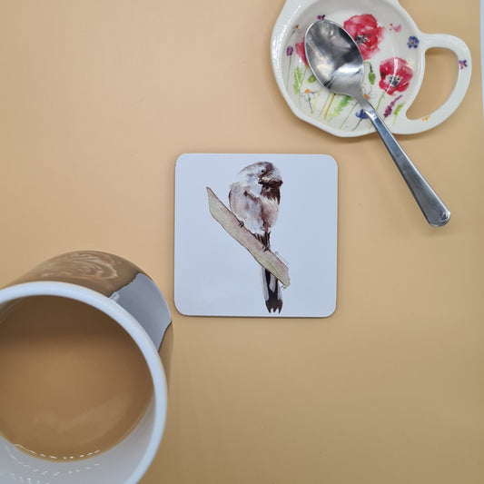 Beautiful Long Tailed Tit Art Hardwood Coaster featuring 'Whats This?' Print