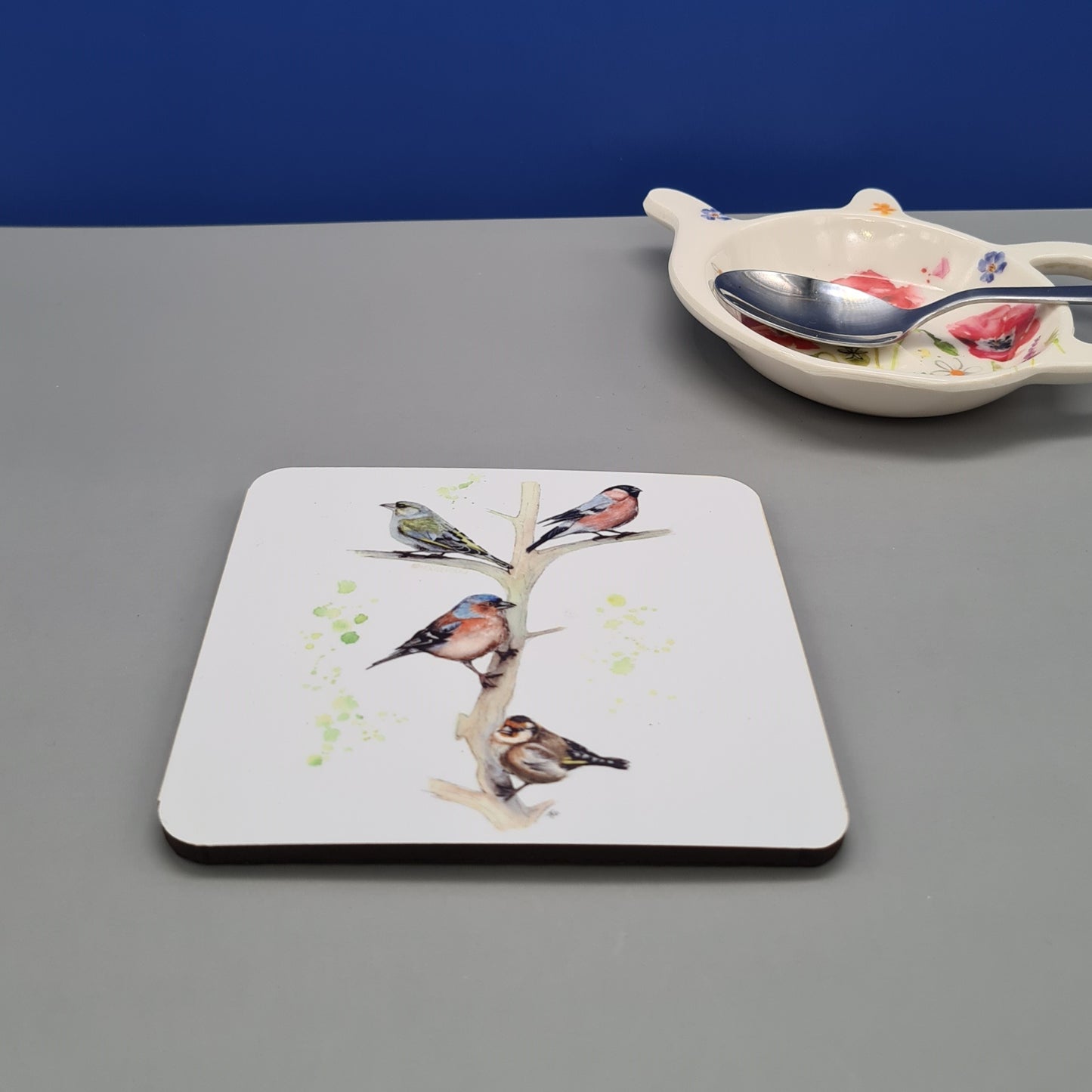 Beautiful British Birds Art Hardwood Coaster featuring 'Fours a Charm' Print.