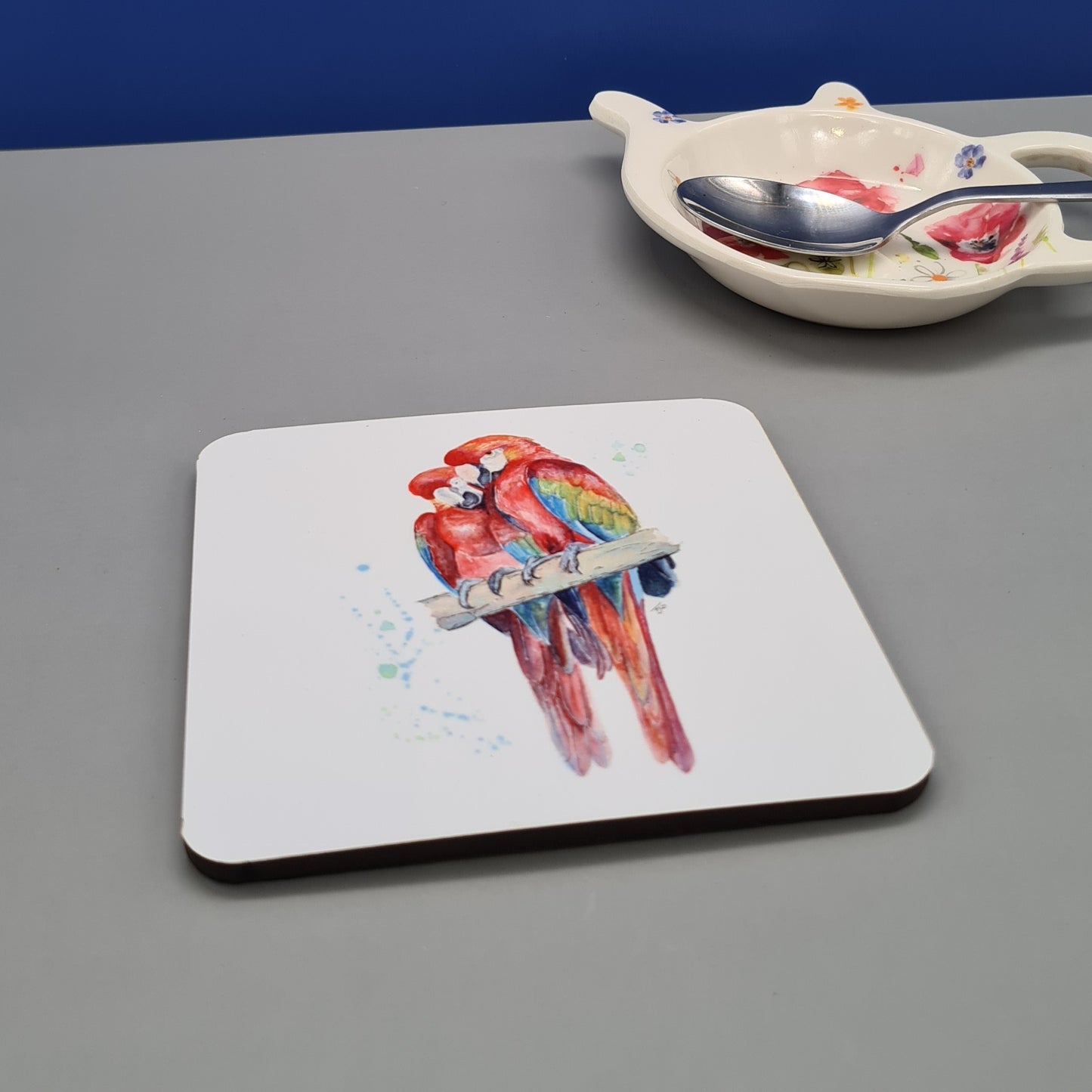 Beautiful Macaw Parrot Art Hardwood Coaster featuring 'Lovesick Parrots' Print