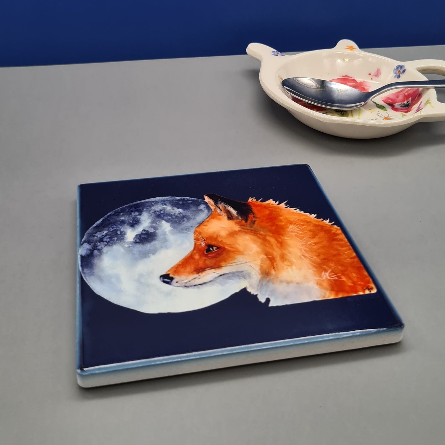 Beautiful Fox & Moon Art ceramic Coaster featuring 'Luna' Print