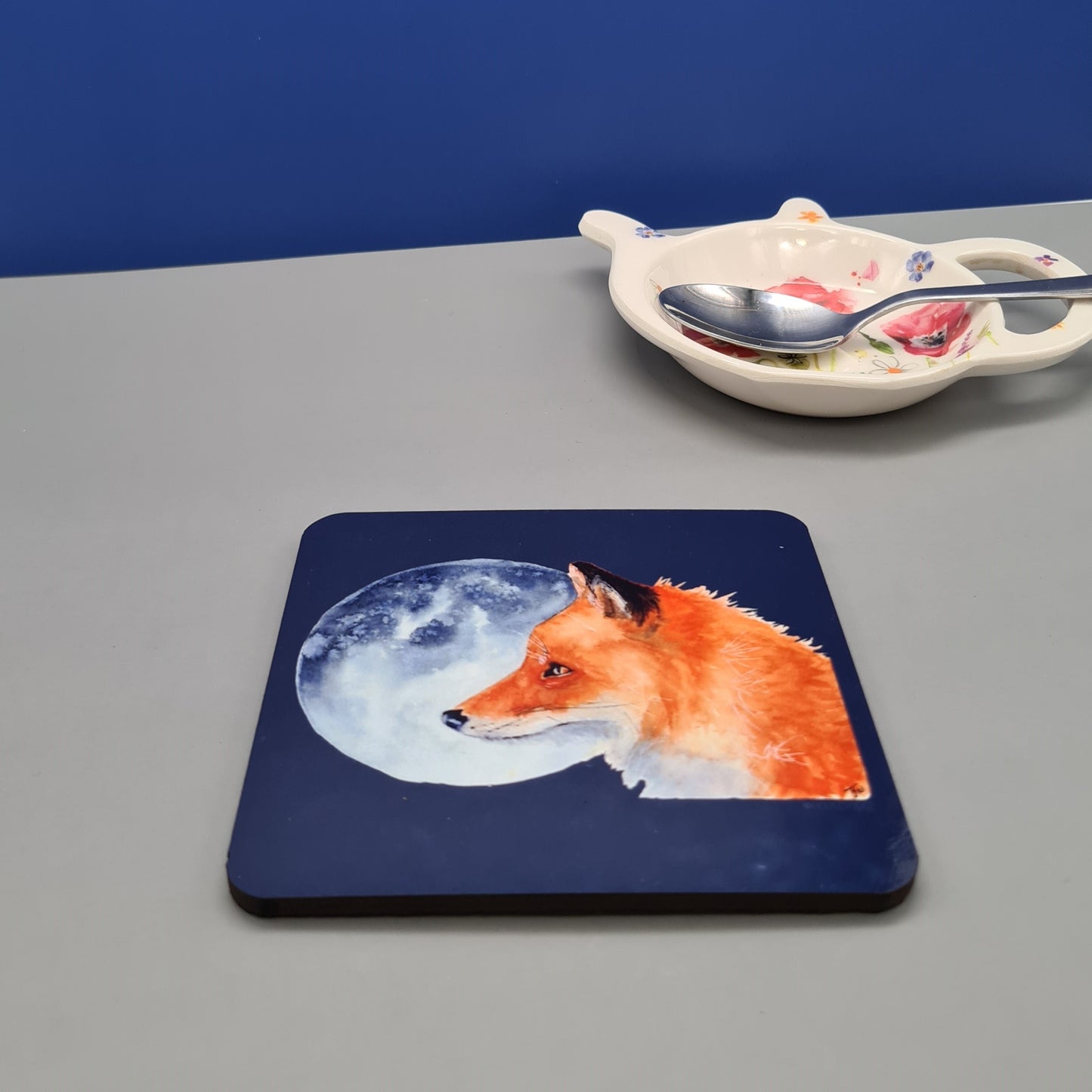 Beautiful Fox & Moon Art Hardwood Coaster featuring 'Luna' Print