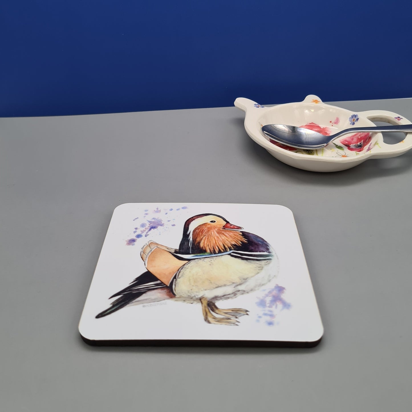 Beautiful Mandarin Duck Art Hardwood Coaster featuring 'Fancyboi' Print