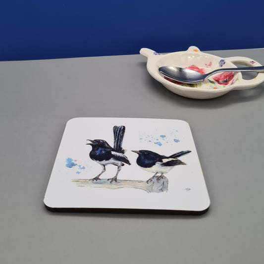 Beautiful British Magpie Art Hardwood Coaster featuring 'Two for Joy' Print