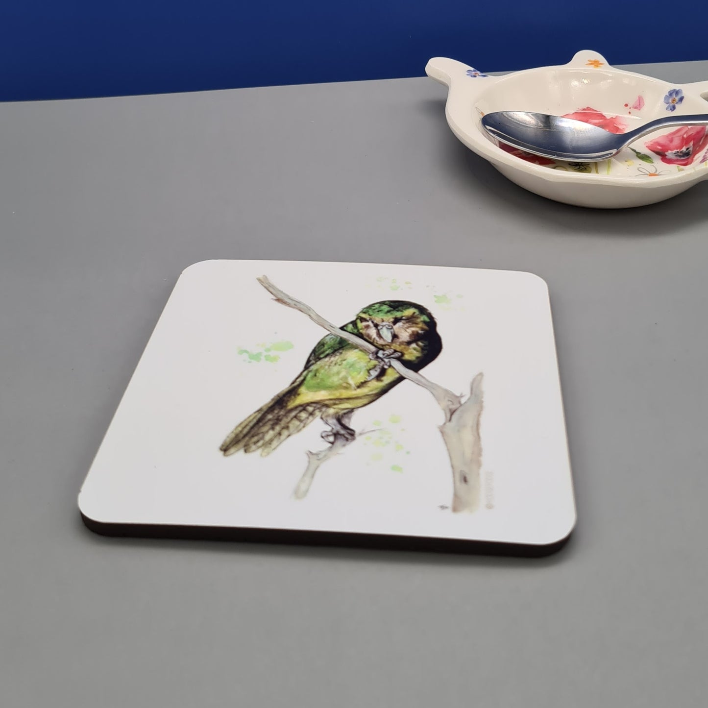 Beautiful Kakapo Parrot Art Hardwood Coaster featuring 'Whetu' Print