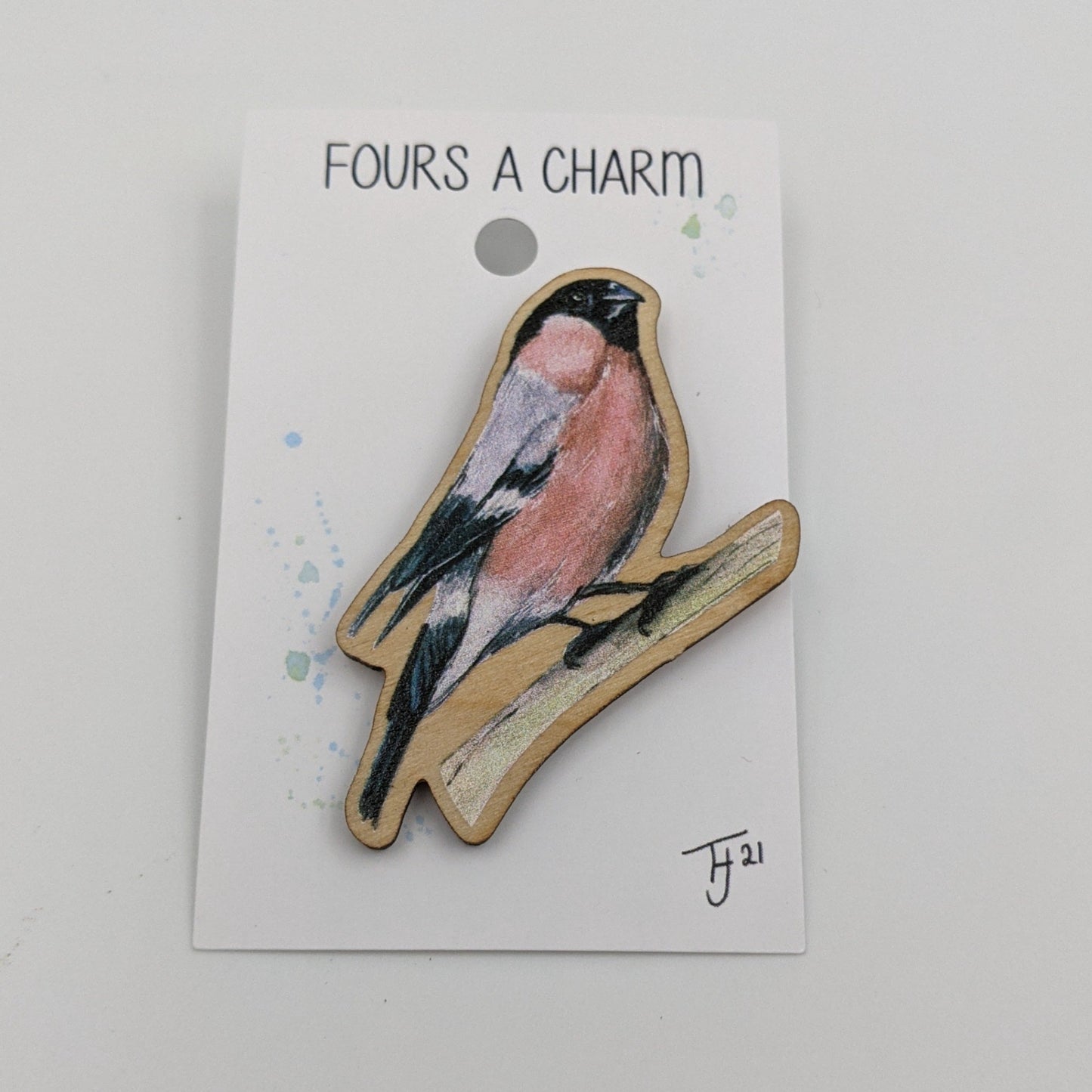 "Fours a Charm" Bullfinch Wooden Fridge Magnet