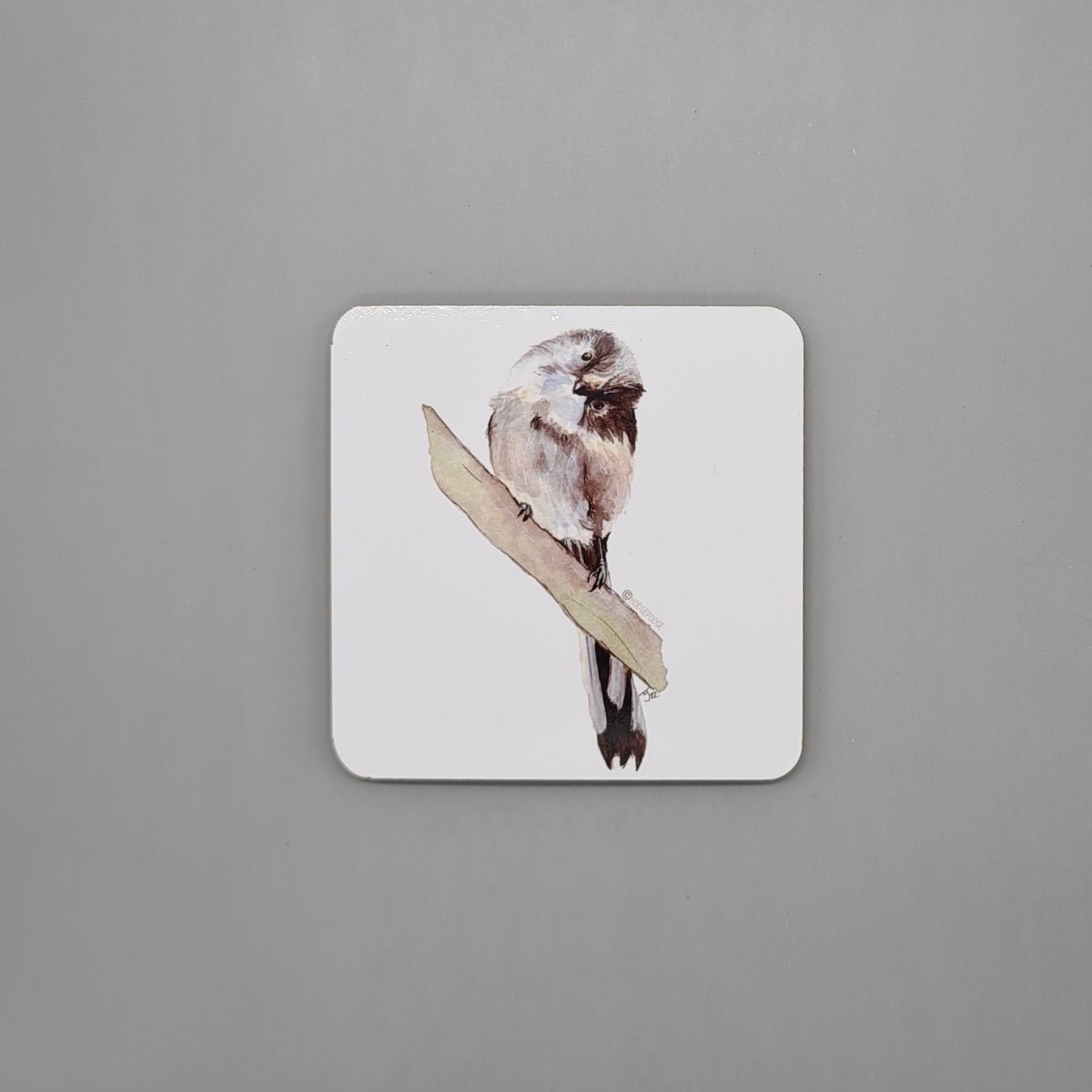 Beautiful Long Tailed Tit Art Hardwood Coaster featuring 'Whats This?' Print