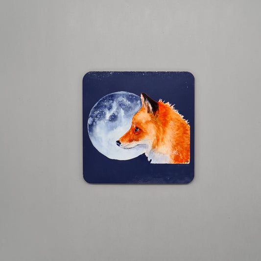 Beautiful Fox & Moon Art Hardwood Coaster featuring 'Luna' Print