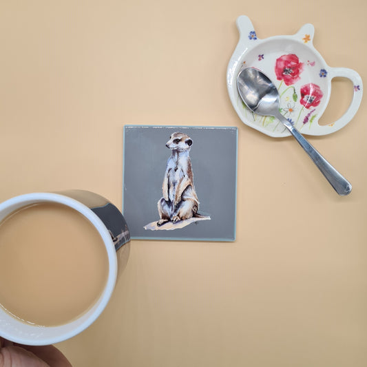 Beautiful Meerkat Art Ceramic Coaster featuring 'Ubunifu' Print