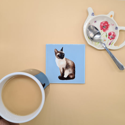 Beautiful Siamese Cat Art Ceramic Coaster featuring 'If you please' Print