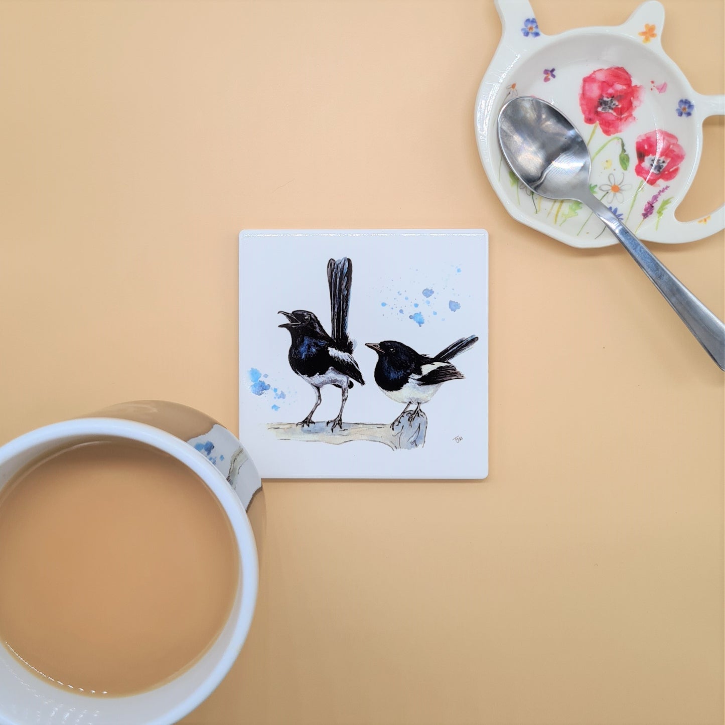 Beautiful British Magpie Art Ceramic Coaster featuring 'Two for Joy' Print