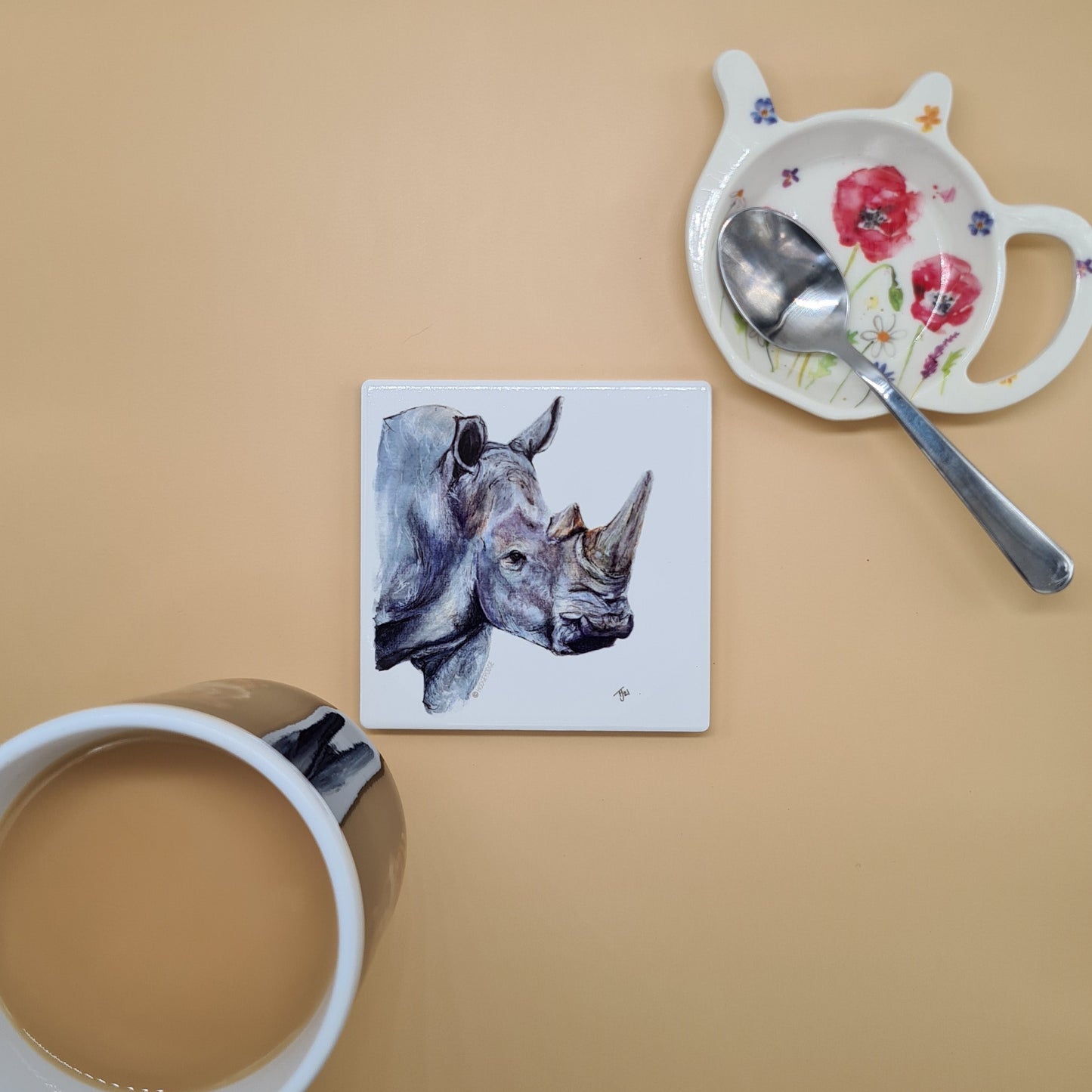 Beautiful Rhino Art Ceramic Coaster featuring 'Yenye Unguvu' Print