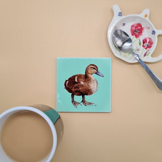 Beautiful Mallard Duckling Art Ceramic Coaster featuring 'Lady' Print