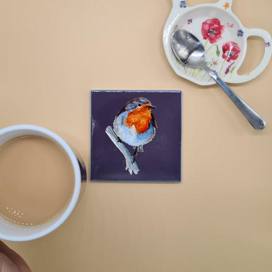 Beautiful British Robin Art Ceramic Coaster featuring 'Garden Party Robin' Print