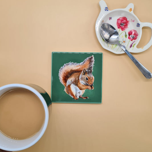 Beautiful Squirrel Art Ceramic Coaster featuring 'Nutkin' Print
