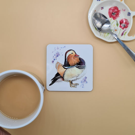Beautiful Mandarin Duck Art Hardwood Coaster featuring 'Fancyboi' Print