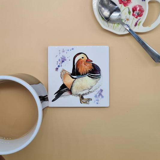 Beautiful Mandarin Duck Art Ceramic Coaster featuring 'Fancyboi' Print