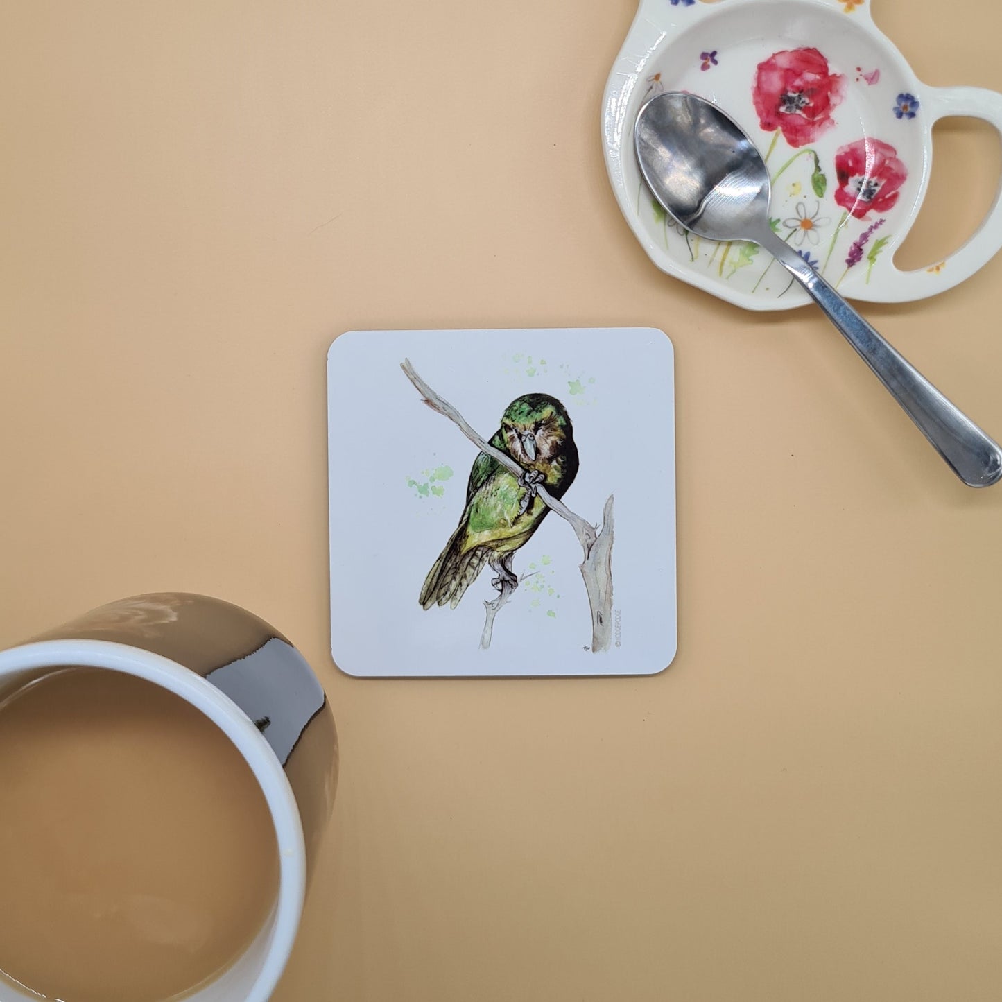 Beautiful Kakapo Parrot Art Hardwood Coaster featuring 'Whetu' Print