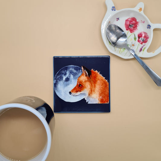 Beautiful Fox & Moon Art ceramic Coaster featuring 'Luna' Print