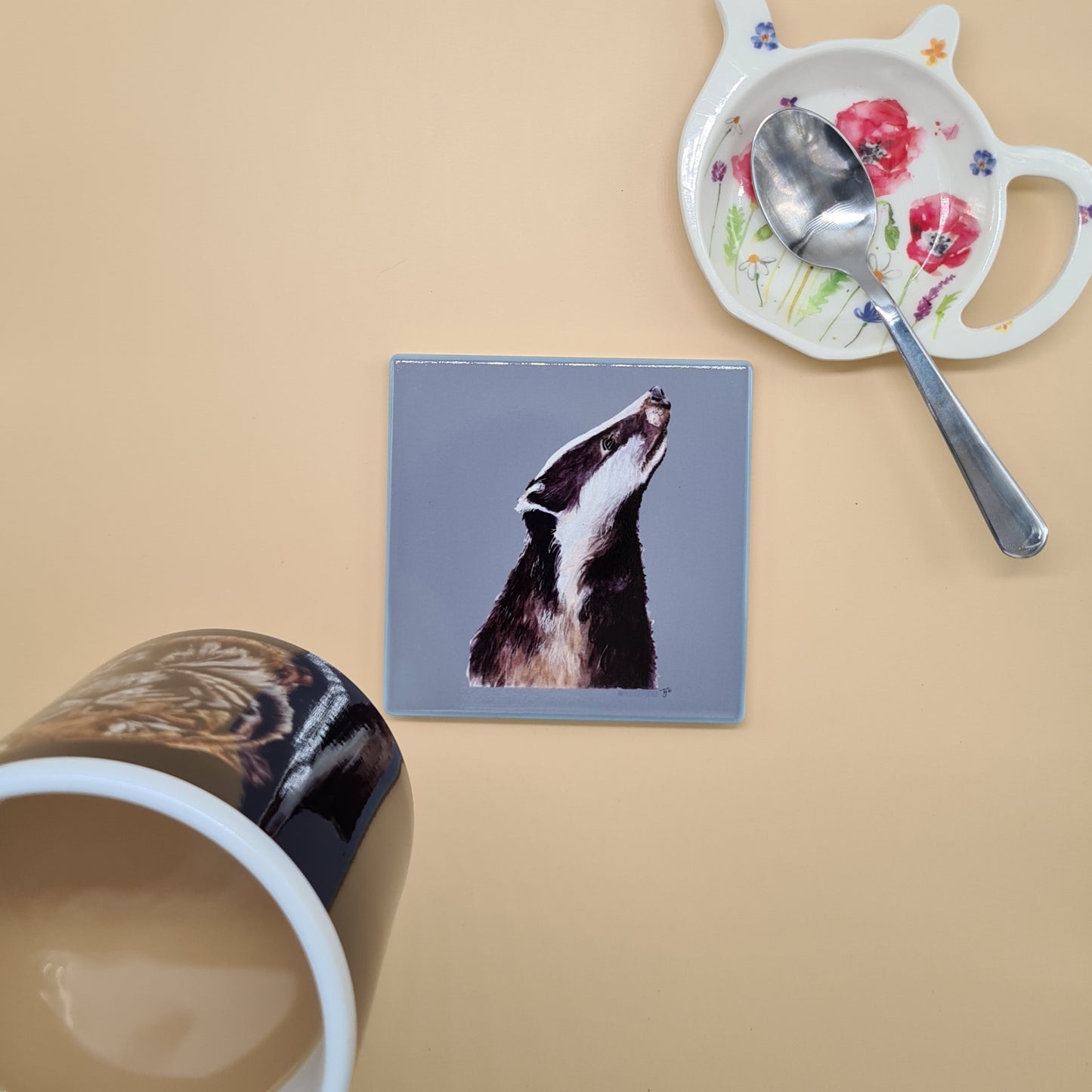 Beautiful Badger Art Ceramic Coaster featuring 'Mr Badger' Print