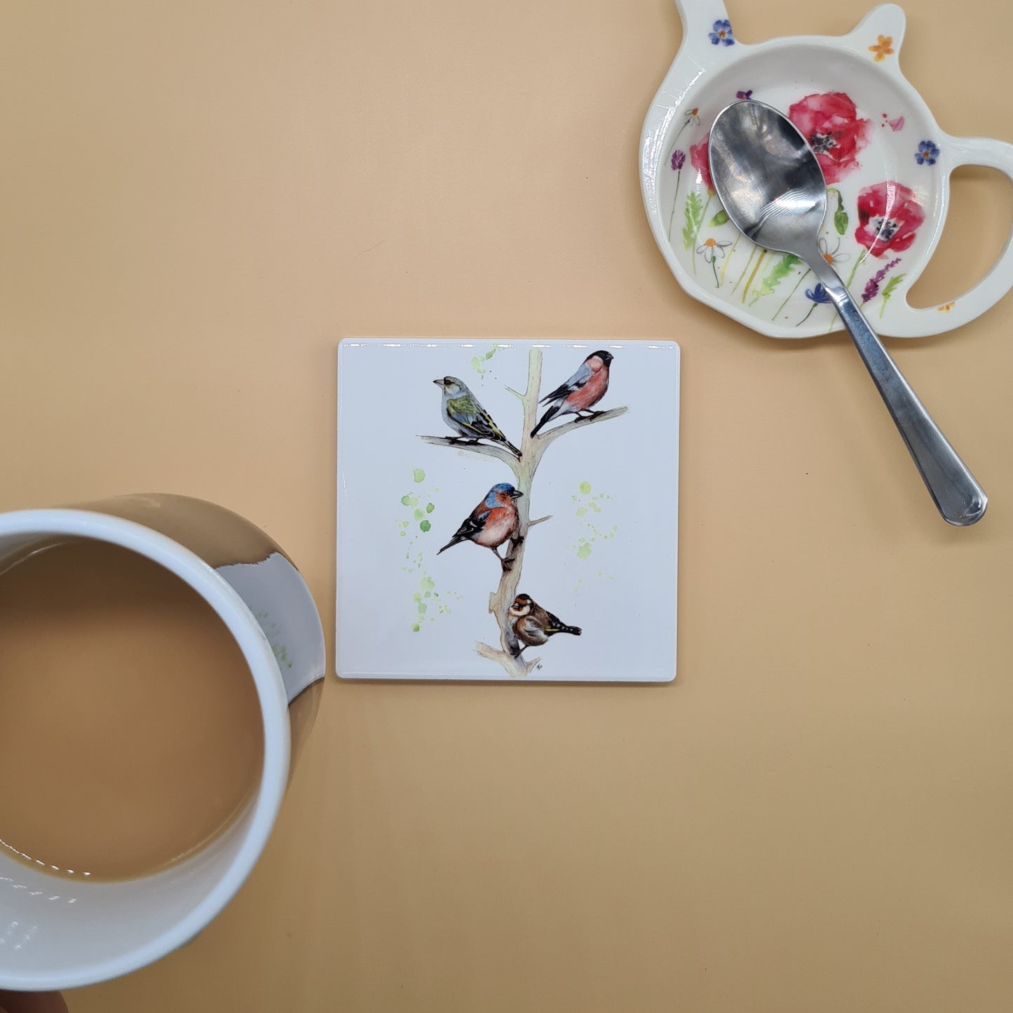 Beautiful British Birds Art Ceramic Coaster featuring 'Fours a Charm' Print.