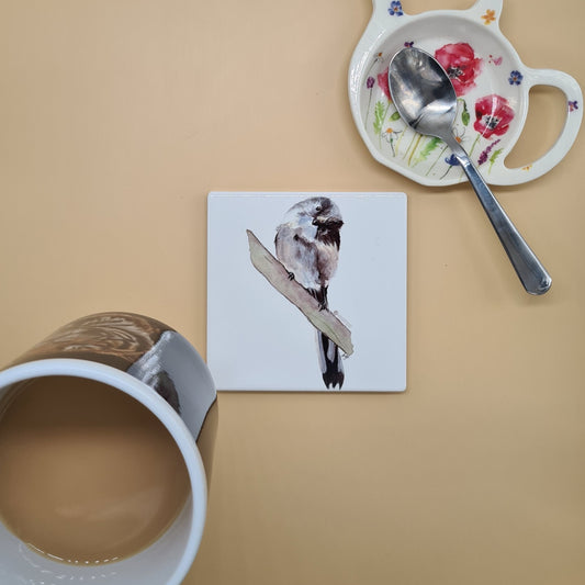 Beautiful Long Tailed Tit Art Ceramic Coaster featuring 'Whats This?' Print