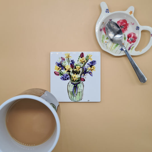 Beautiful Flowers Art Ceramic Coaster featuring 'A Bunch of Spring' Print