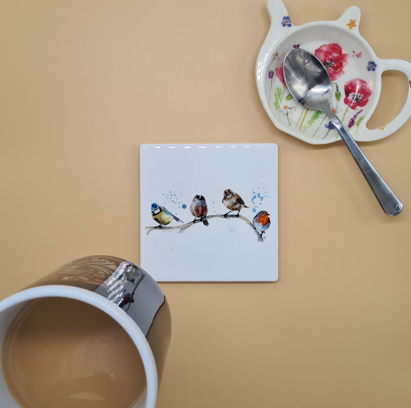 Beautiful British Birds Art Ceramic Coaster featuring Garden Party Print.