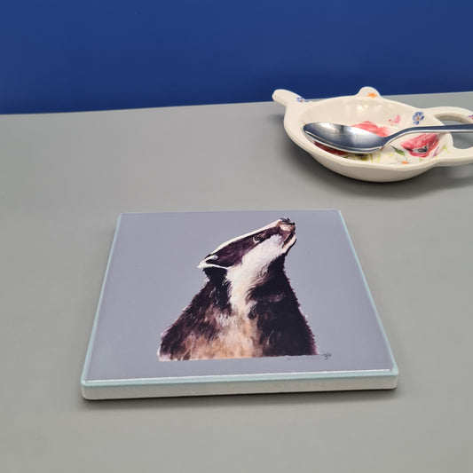 Beautiful Badger Art Ceramic Coaster featuring 'Mr Badger' Print