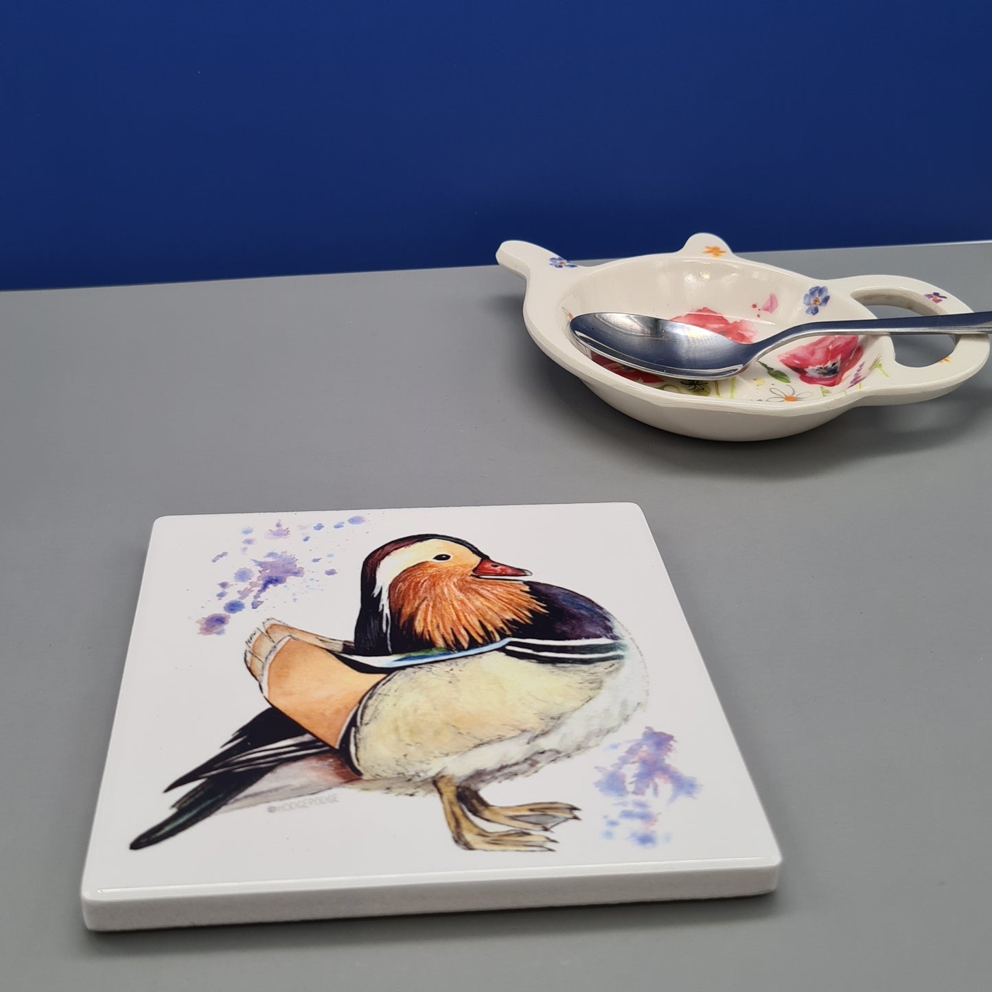 Beautiful Mandarin Duck Art Ceramic Coaster featuring 'Fancyboi' Print