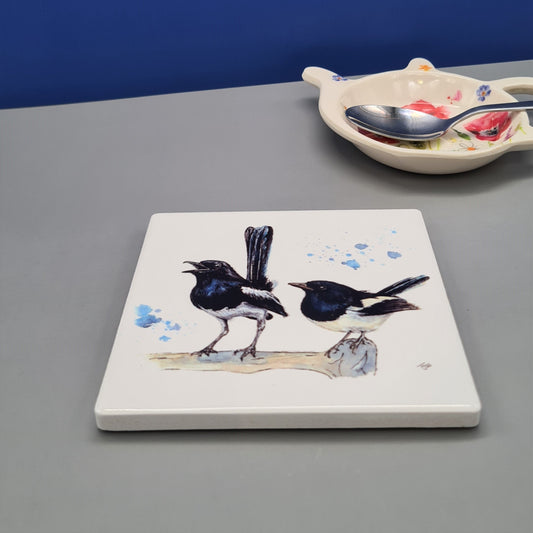 Beautiful British Magpie Art Ceramic Coaster featuring 'Two for Joy' Print