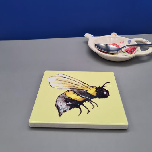 Beautiful Bee Art Ceramic Coaster featuring 'Honey' Print
