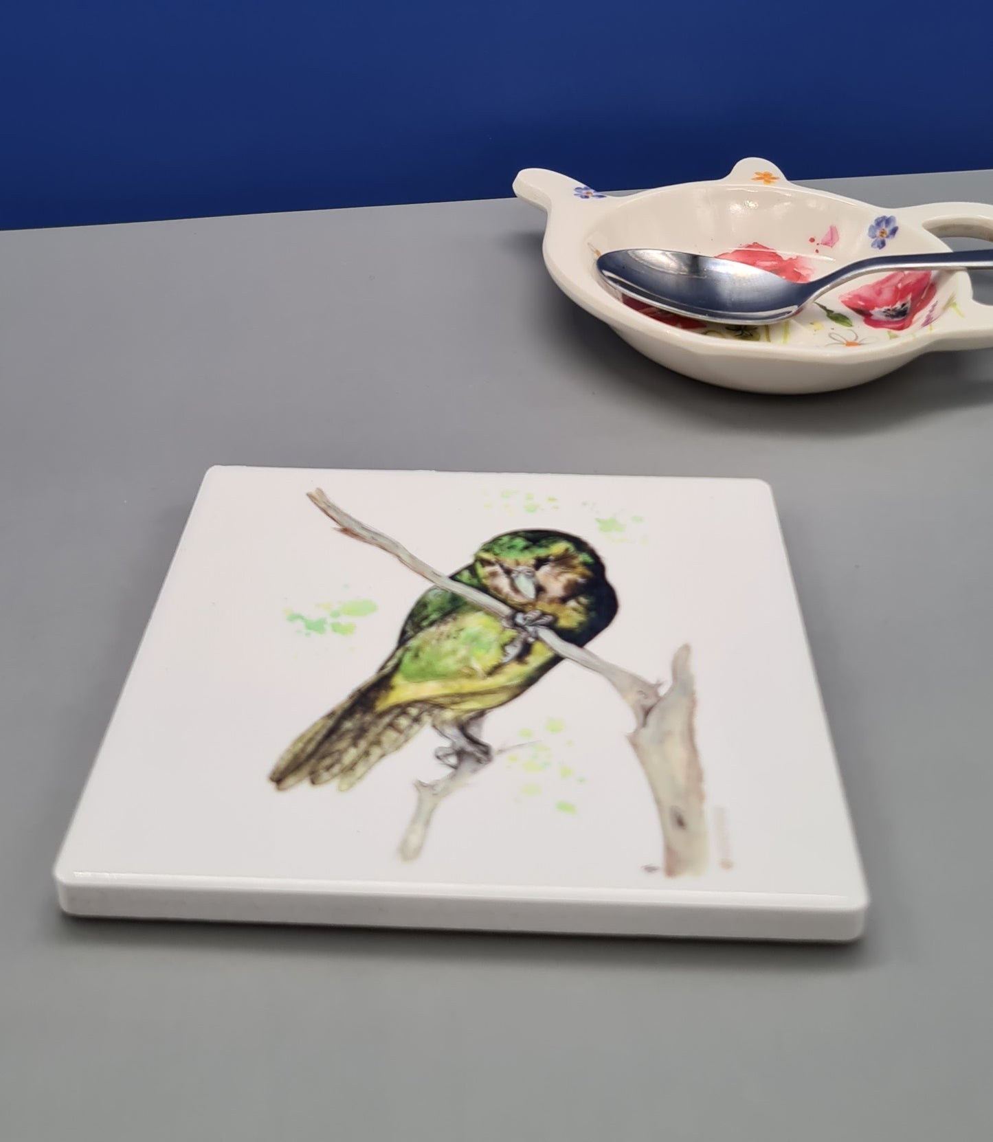 Beautiful Kakapo Parrot Art Ceramic Coaster featuring 'Whetu' Print