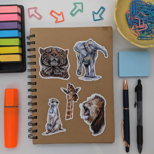 Safari 5 Sticker Set / Elephant / Sumatran Tiger / Giraffe / Lion / Meerkat