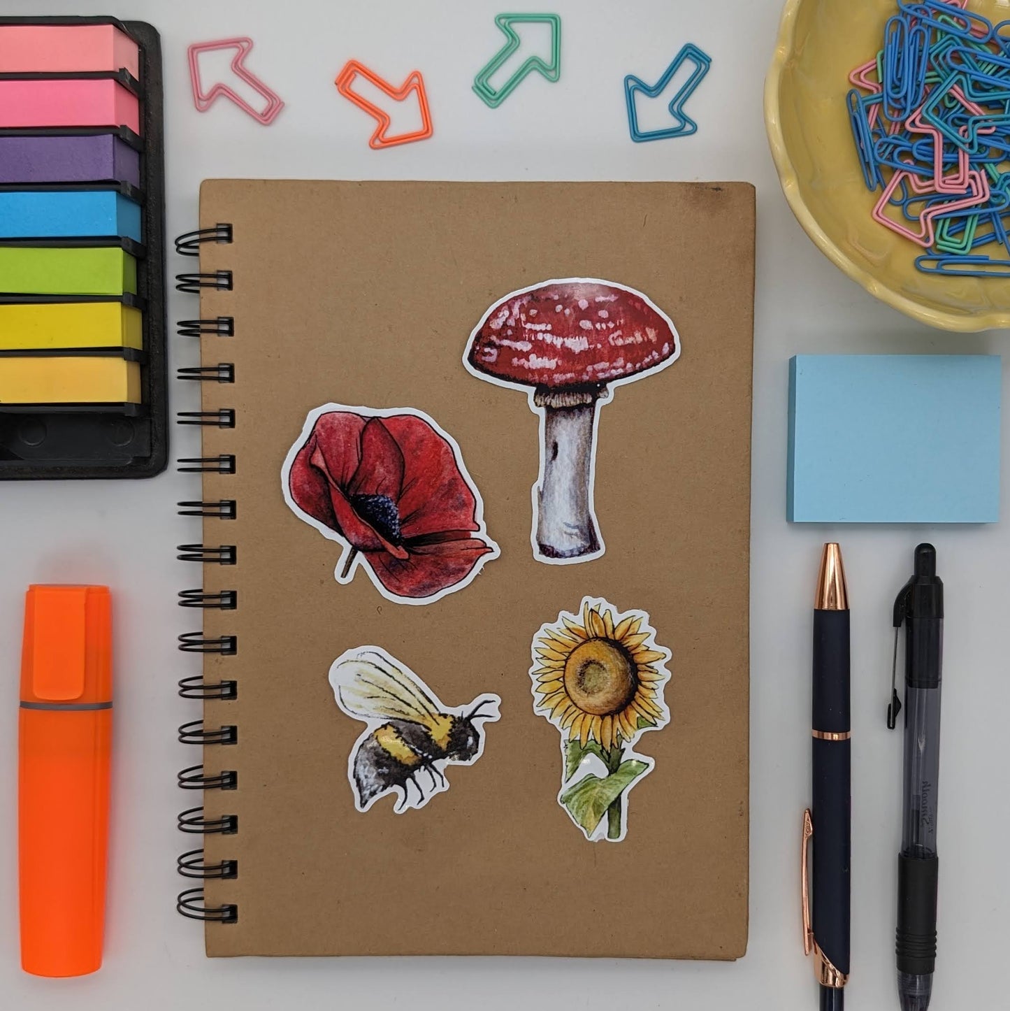 Flora 4 Sticker Set  /Poppy / Mushroom / Honey Bee / Sunflower