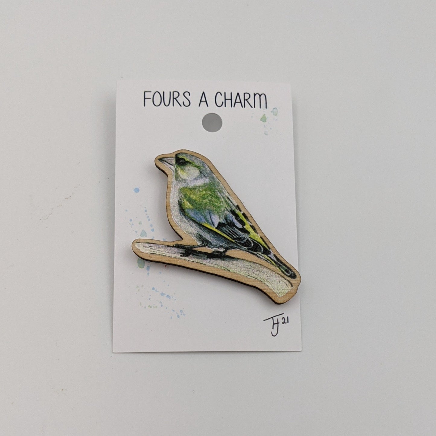 "Fours a Charm" Greenfinch Wooden Fridge Magnet